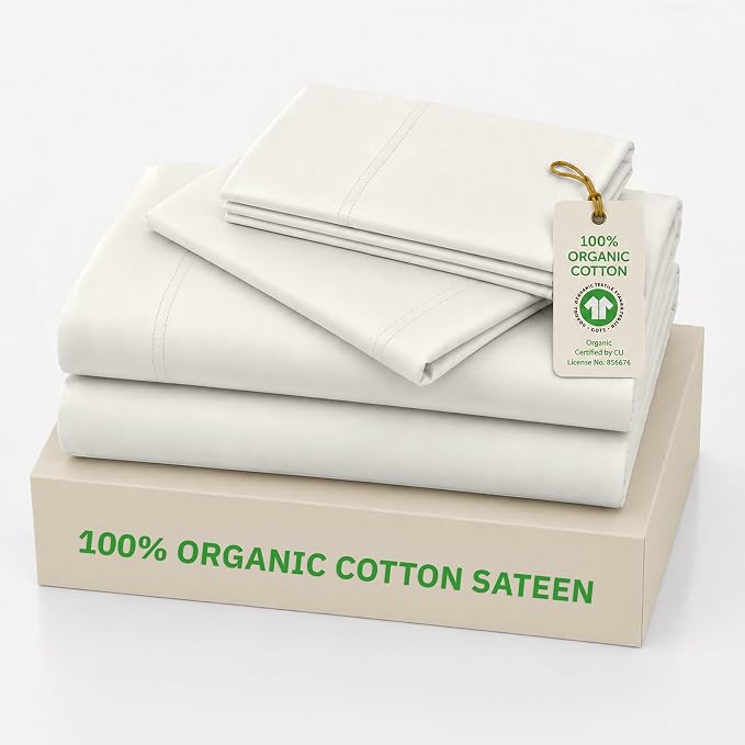 California Design Den Full Size Sheets Set - 100% Organic Cotton Sheets, Soft and Lightweight Sateen, Deep Pockets, Durable Bedding - Soft Cream