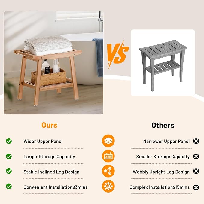 Bamboo Shower Bench for Inside Shower to Sit on,Waterproof Shower Stool for Shaving Legs,Spa Bathroom Shower Chair with Storage Shelf, Bathroom Bench Seat-Natural Bamboo