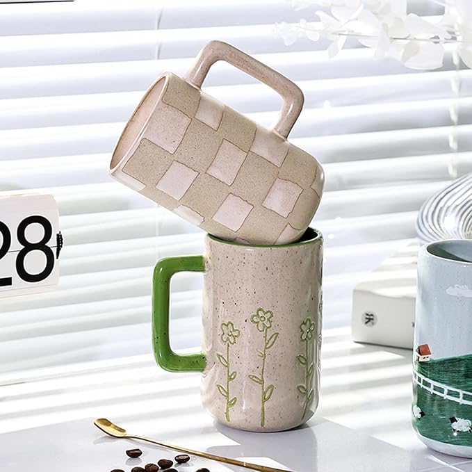 Mugs,coffee mug,17 Oz Large Ceramic Coffee Mug,Big Handmade Relief Pottery Tea Cup for Office and Home,Big Handle Easy to Hold,Microwave and Dishwasher Safe,Stylish Texture Glaze Beige-500ml ( Color :