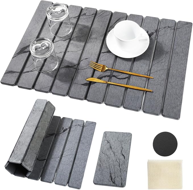 Large Diatomaceous Earth Dish Drying Mat, 24"x16" Stone Dish Drying Mats Kitchen | Ultra Fast-Absorbing, Foldable & Eco-Friendly Dishes Drying Pad for Kitchen Countertop, Cups, Utensils(Grey)