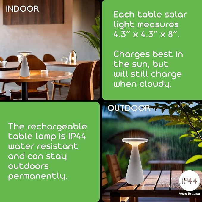 Portable Solar Powered Mushroom LED Table Lamp - Indoor/Outdoor Use - Stepless Dimming - Up to 45 Hour Rechargeable Battery - 1.6W, 160 lumens, 2700K - IP44 Weather Resistant - White