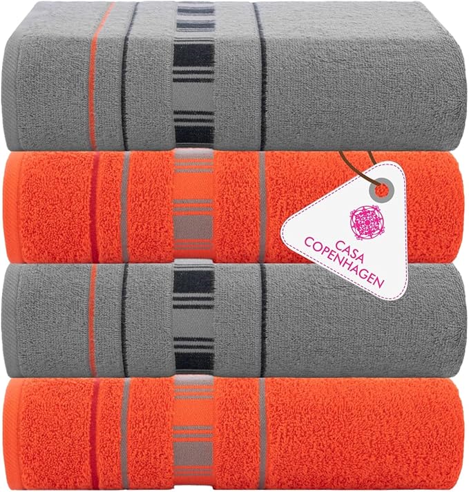 CASA COPENHAGEN X Line 4Pcs 100% Egyptian Cotton Designer Hand Towels Gift Set- Grey - Red 600 GSM, 28"x16", 4Hand Towels for Bathroom Set for Women & Men