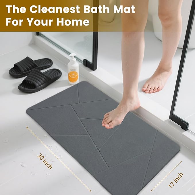 Extra Large Stone Bath Mat, 30'' x 17'' Diatomaceous Earth Non-Slip Stone Shower Mat, Super Absorbent Diatomite Stone Mats for Bathroom Dark Grey XL Plex