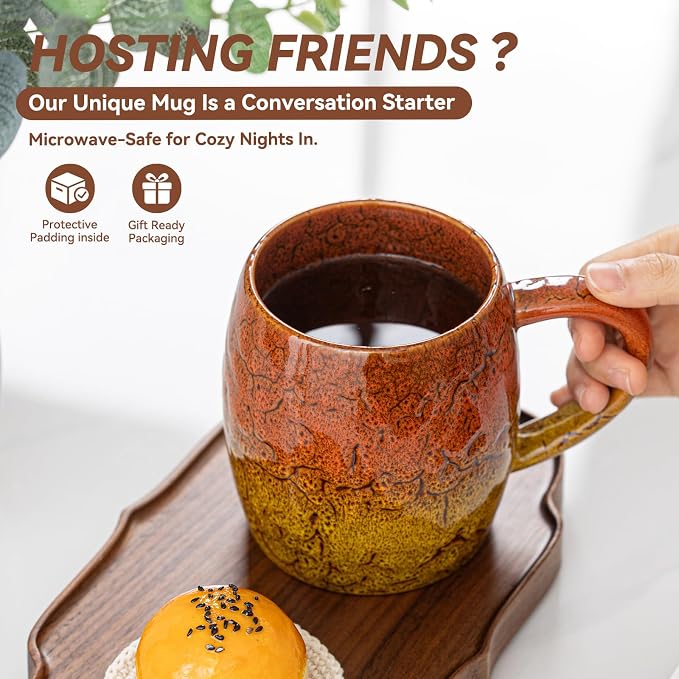Handmade 22oz Ceramic Coffee Mug, Ergonomic Large Handle, Ideal Gift for Coffee Lovers, Microwave & Dishwasher Safe (Bas-Relief - Orange&Yellow)