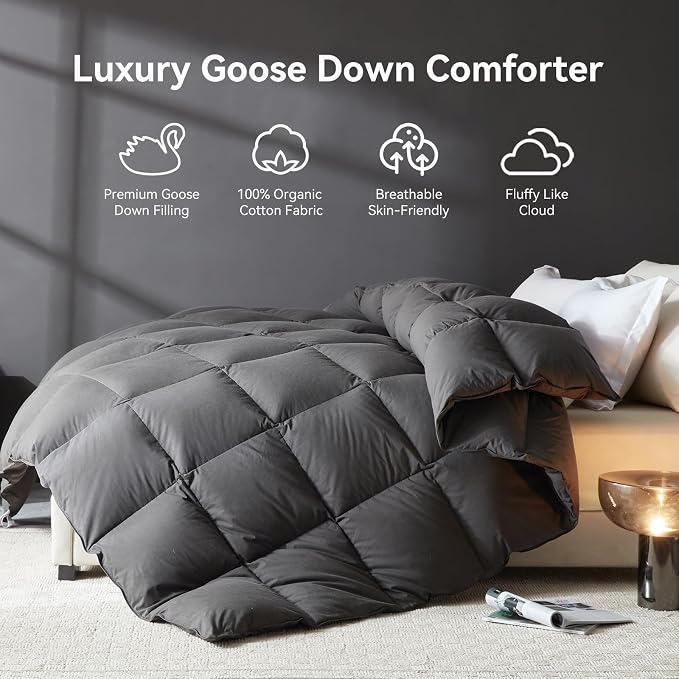 L LOVSOUL Goose Feather Down Fiber Comforter Full Size, 100% Organic Cotton Fabric Duvet Insert,1200TC,750+Fill Power, Hotel Collection, All Season Grey Bedding Comforters with 8 Tabs