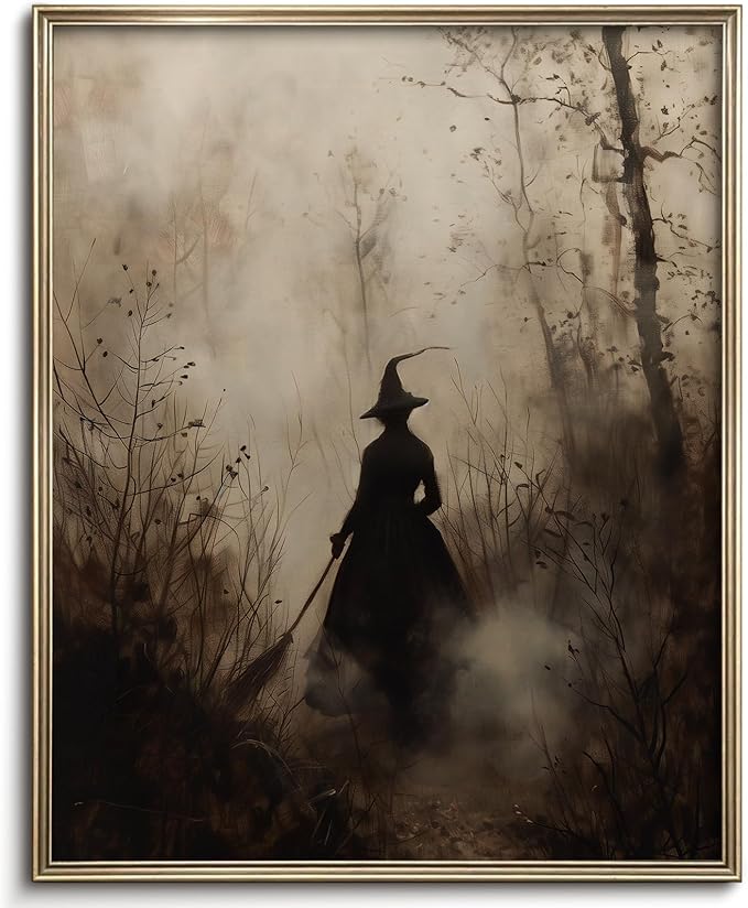 Vintage Witch Canvas Wall Art Prints Moody Witch in The Forest Pictures for Halloween Wall Decor Spooky Witchy Canvas Oil Painting Dark Academia Gothic Wall Decor for Gallery Living Room Bedroom (UNFRAMED 8x10in)