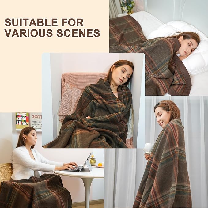 YOUR MOON 100% Pure Merino Wool Blanket King Size, Natural Australian Wool Blankets, Hypoallergenic Wool Blanket for Bed, Medium Weight(Plaid Brown, 90 * 108)