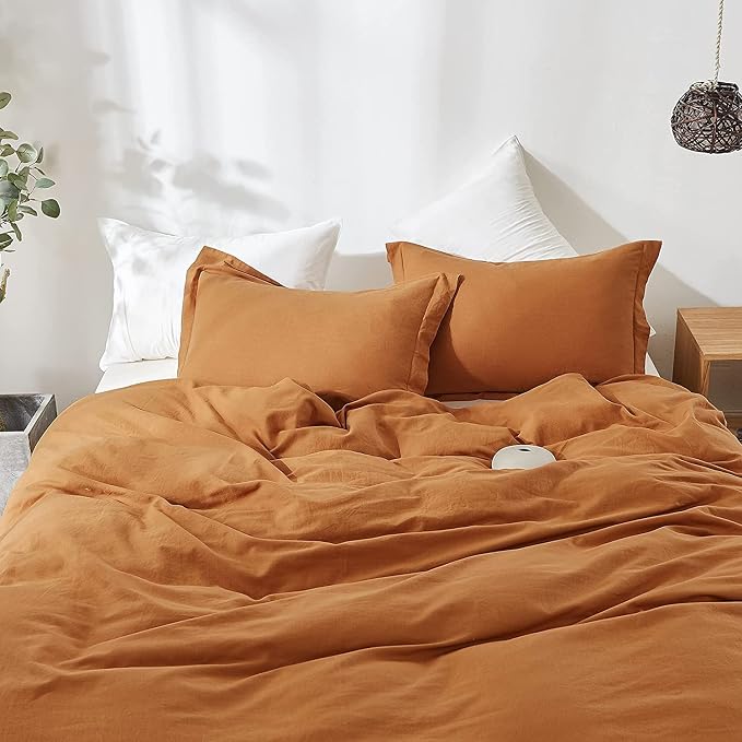 Simple&Opulence French Linen Duvet Cover Set 104"x 92"- 5 Pieces (1 Comforter Cover,4 Pillowcases)-Natural Flax Cotton Blend-Solid Color Breathable Farmhouse Bedding-Rust, King