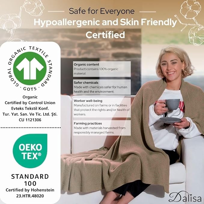 Dalisa 100% Organic Turkish Cotton Throw Blanket - GOTS Certified, Cozy - Perfect for Couch, Bed, and Home Decor - Boho Vintage Knit Alina (Mocha Meringue, 60x80)