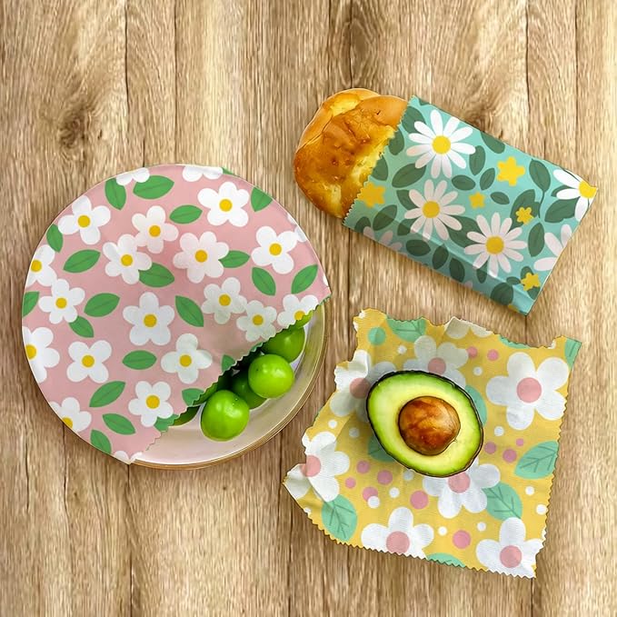 Reusable Beeswax Wrap, 9 Pack Eco-Friendly Beeswax Wraps For Food, Organic, Sustainable, Biodegradable, Zero Waste, Plastic-Free Food Storage, 1XL, 3M, 5S Spring Floral Daisy Pattern
