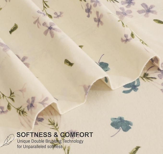 RUVANTI Flannel Sheets Twin XL Size - 100% Cotton Double Brushed Twin XL Sheet Sets, Deep Pockets 16 Inches, All Seasons Breathable & Extra Soft Bed Sheets, Warm & Cozy, 3 Piece, Jasmine Stamp Cream