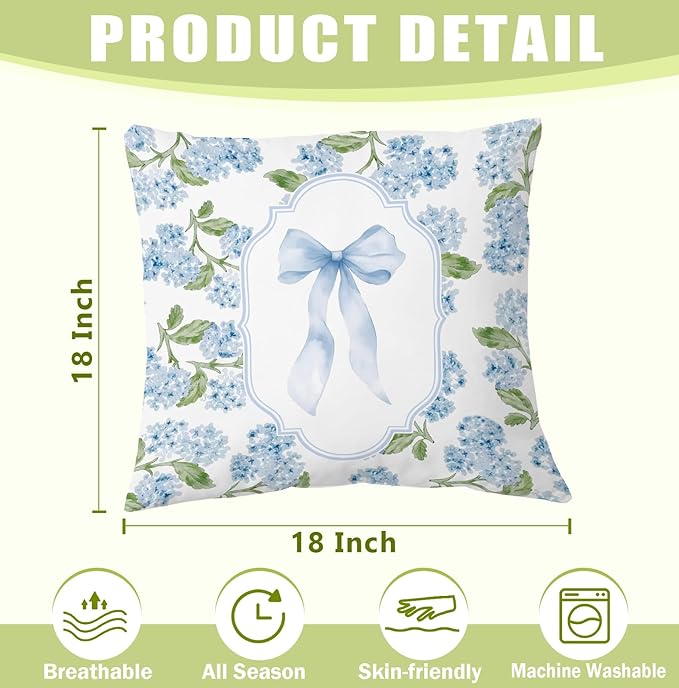 Coquette Blue Bow Hydrangea Floral 18x18 Pillow Cover, Grandmillennial Home Decor, Preppy Girly Blue Hydrangea Flower Decorative Throw Pillow Cover for Home Bedroom Living Room