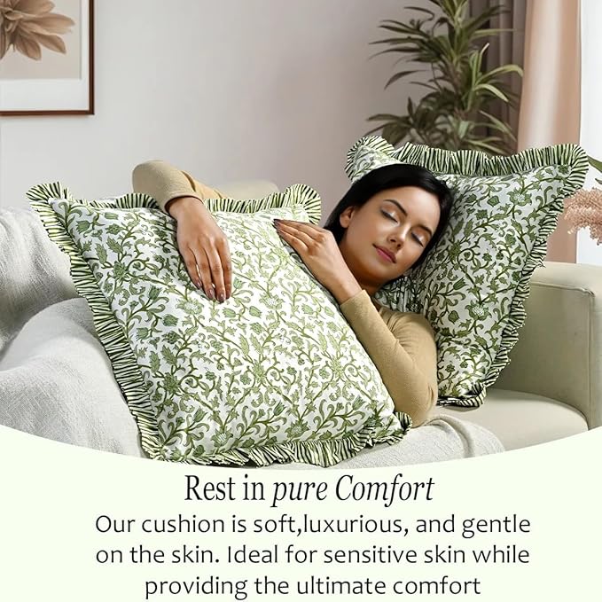 CPC Meadow Vine Hand Block Print 100% Cotton Ruffle Throw Pillow Cover 20x20 inch with Hidden Zipper Decorative for Couch, Bed, Sofa, Farmhouse, Cottagecore Decor Gift Christmas Fall Thanksgiving