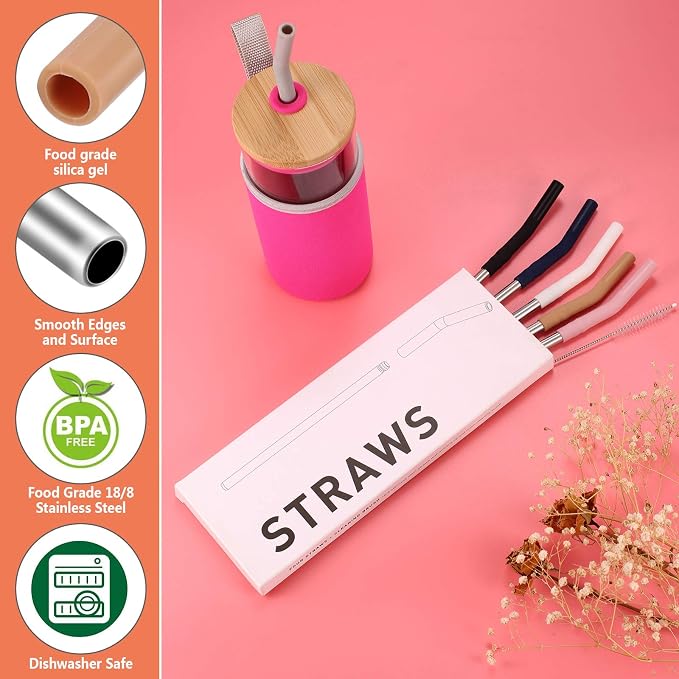 Tronco Set of 6 Stainless Steel Reusable Metal Straws with Silicone Flex Tips Elbows Cover, Metal Drinking Straws for Tronco Tumbler, 6 Steel Straws,6 Silicone Tips,1 Straw Cleaning Brush