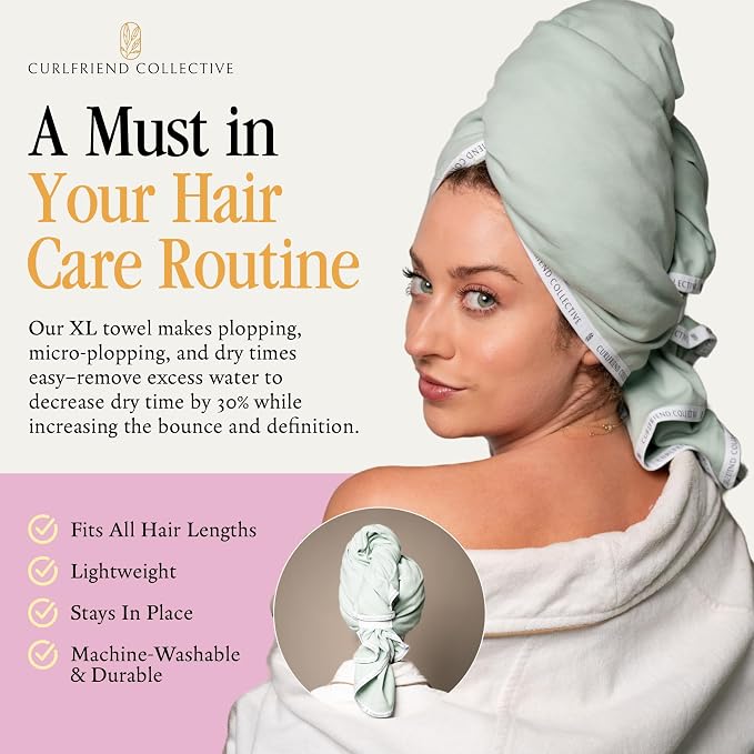 Curlfriend Collective Cotton Cloud T-Shirt Hair Towel Duo – Sage The Day Hair Towel Wrap for Women, XL + Mini Hair Drying Towels for Curly Hair, No-Slip Plopping Towel, Ultra Absorbent Cotton