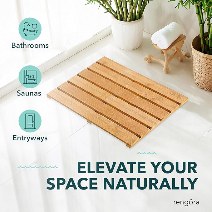 Outdoor Bamboo Bath Mat 19.5x12.5", Non-Slip Bamboo Shower Mat for Indoor/Outdoor Shower Floor, Spa Decor for Sauna Floor, Wood Bathroom Accessories, Wood Bath Mats, Spa Room Decor for Bathroom