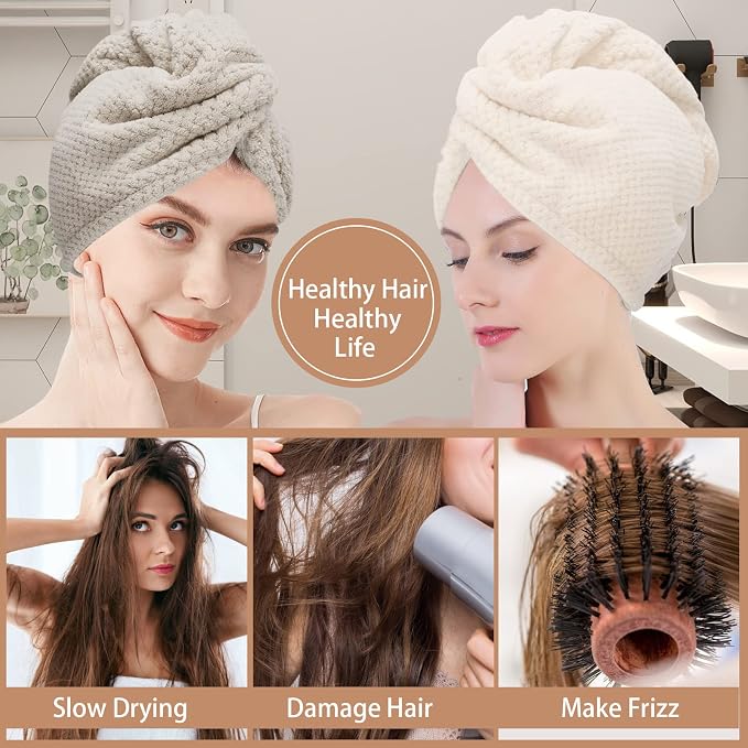CZZXI 3 PCS Microfiber Hair Towel, Hair Wraps for Women Wet Hair | Fast Drying Hair Turban, Anti Frizz Head Towels Wrap for Curly Hair (Beige, Khaki, Grey)
