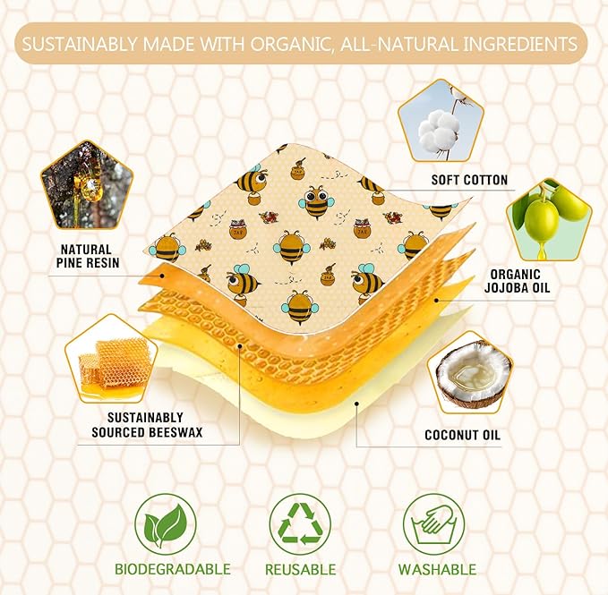 Reusable Beeswax Food Wraps Set - 3 Pack (S,M,L) for Bread, Sandwiches, Cheese & Bowl Covers | Food Storage | Organic, Zero Waste, Plastic and Silicone Free