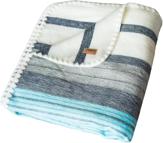 Alpaca Wool Throw Blanket | Ultra Soft, Lightweight, Warm, Breathable, Non-Itchy | Classic, Elegant-Minimalist Design for Bed, Couch, Travel, or Gift | 64" L x 45" W (Sea Tones)