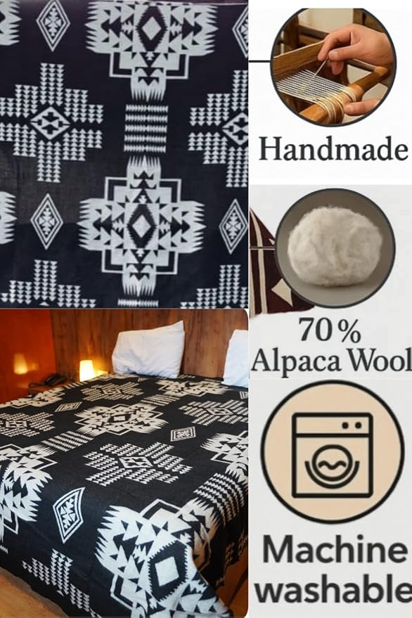 Alpaca Wool Blanket, Queen Size 94 x 78, Reversible 2 in 1, Thick and Ultra Soft, Hypoallergenic, Non-Itchy, Handmade in Ecuador. Premium Alpaca Wool Thtow Blanket for Cozy Comfort. (Black and White)
