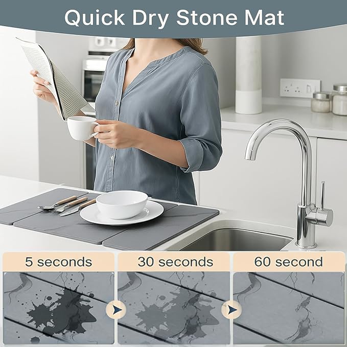 Stone Drying Mat for Kitchen Counter ,19.7"×14.7" Diatomaceous Earth Dish Drying Mat, Absorbent Drying Stone Mat for Modern Kitchen Countertop (Dark Gray, Medium)