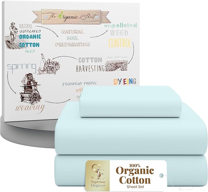 SUPREME ELEGANCE 3 Pieces 100% Organic Cotton Twin Bed Sheets Set, Cooling Percale Weave for Hot Sleepers, Brushed for Softness, Crisp & Breathable Sheets Set, 16" Deep Pocket Fitted Sheet, Pale Aqua