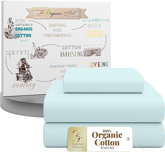 SUPREME ELEGANCE 3 Pieces 100% Organic Cotton Twin Bed Sheets Set, Cooling Percale Weave for Hot Sleepers, Brushed for Softness, Crisp & Breathable Sheets Set, 16" Deep Pocket Fitted Sheet, Pale Aqua