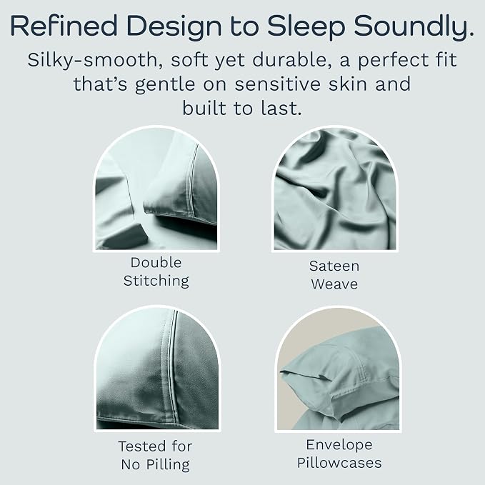 Olive + Crate Tencel Eucalyptus Pillowcases - 100% Tencel Lyocell Cooling Pillow Cases for Hot Sleepers - Hypoallergenic, Moisture-Wicking, Silk Alternative, Vegan - Queen Size Set of 2 [Eucalyptus]