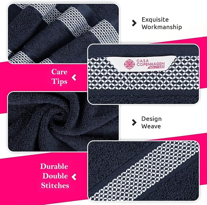 CASA COPENHAGEN Solitaire 6Pcs 100% Egyptian Cotton Large Designer Towels Gift Set- Navy Blue, 600GSM, 2Bath 2Hand 2Washcloths, Bath Towels for Bathroom Set for Women & Men