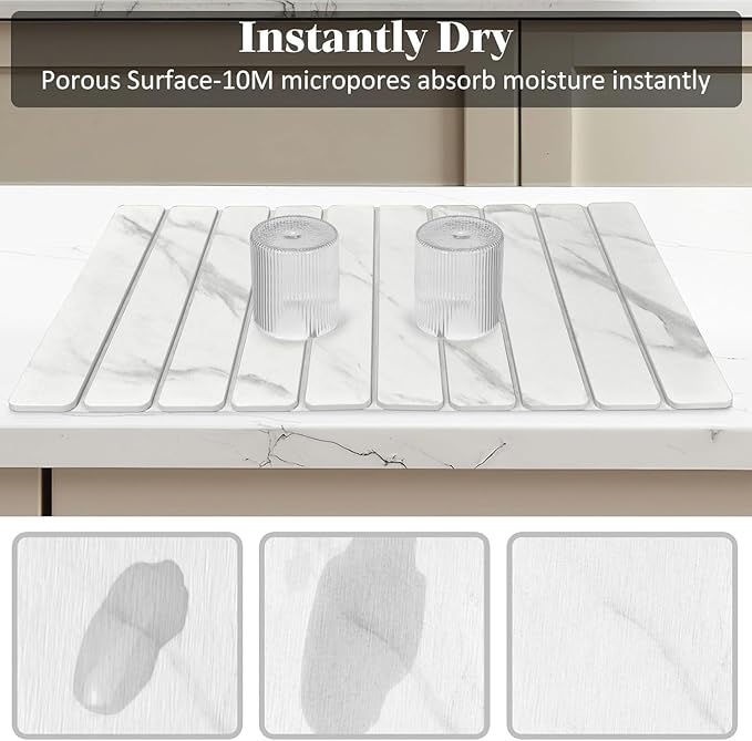 Large Stone Dish Drying Mat for Kitchen Counter, Quick Dry Dish Drying Mats, Foldable Absorbent Diatomaceous Earth Mats for Dishes Bottles Cups, Match Any Countertop (White Marble 24"×16" & 8"x4")