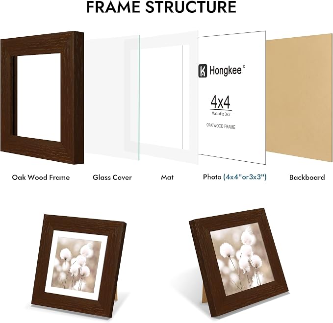 Hongkee 4x4 Oak Wood Picture Frame 1 Pack(Matted 3x3) with Real Glass Cover | Walnut, 4 x 4 Solid Wood Frame for Wall or Tabletop Display - Includes Easel Back, Vertical Hang - Ideal for Home, Office