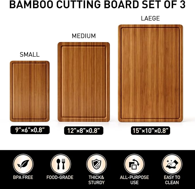 3 Pack Bamboo Cutting Board Set with Non Slip Feet Solid Wood Cutting Boards for Kitchen Non Toxic Wooden Chopping Boards Small Plastic Free Butcher Block Hardwood Serving Cheese Charcuterie Board