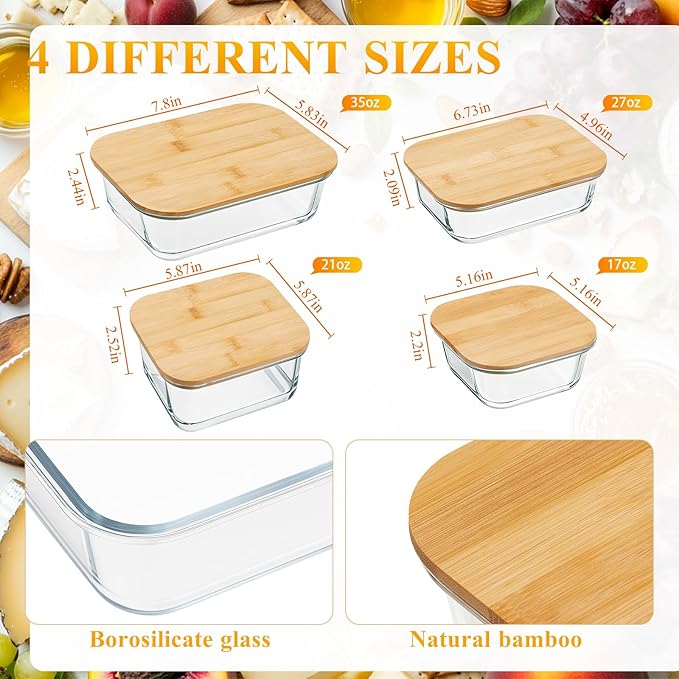 Suclain 12 Pcs Airtight Glass Food Storage Containers with Bamboo Lids Set Including 4 Pieces Meal Prep Glass Containers Lunch Bento Boxes and 8 Pieces Overnight Oats Jars Snack Storage Salad Jars