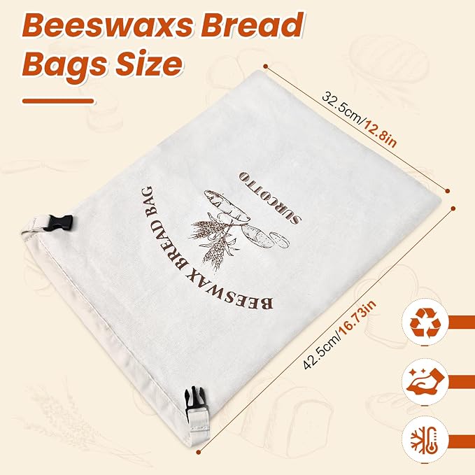 Surcotto Beeswax Bread Bags,2 Pack Sourdough Bread Bag,Reusable,for Homemade Bread,Natural Beeswax-Lined Cotton Food Storage Bags to Keep Fresh,Sourdough Bread Bag for Freezer & Refrigerator