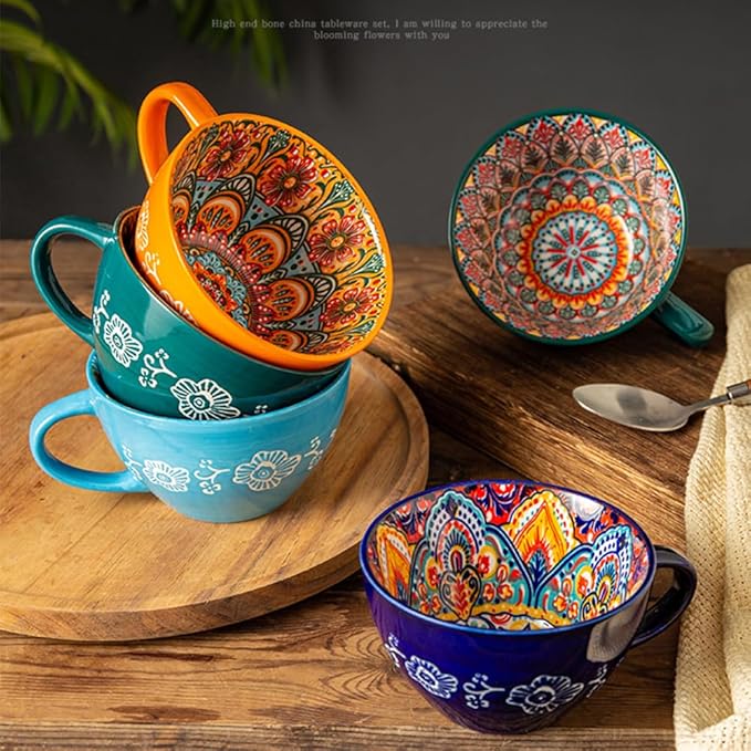 Bohemian Hand-Painted Ceramic Mug, 15 Oz Large Coffee Cup for Milk, Tea, and Breakfast, Dishwasher & Microwave Safe Artisan Cup, Navy Blue