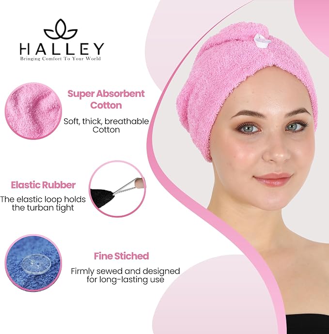 HALLEY Cotton Hair Towel Wrap (3 Packs) Super Absorbent Fast Drying Hair Towel for Thick Hair Turbans for Wet Hair with Button (Pink, Blue, Black)