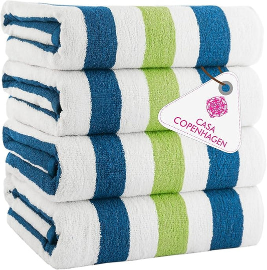 CASA COPENHAGEN Monaco Beach Towels Designed in Denmark Rough and Tough, Quick Dry, for Pool, Bath & Shower 30x60 inches 4 Pieces Cotton Beach Bath Towels Set - Grass Green