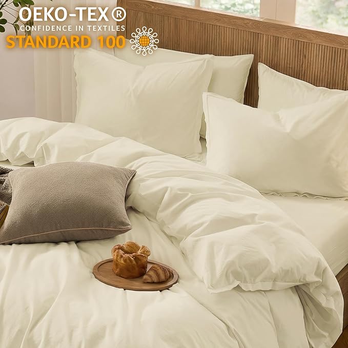 Duvet Cover Set Queen Size, 100% Washed Cotton, Light Weight Breathable Comforter Cover Linen Feel,3PCs Breathable Bedding Set for All Season, Frosted Almond 90"x90"