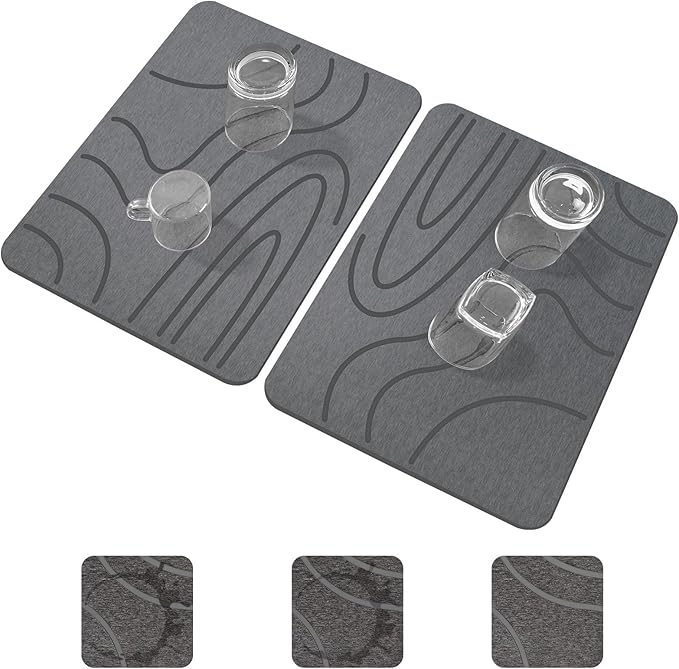 Stone Drying Mat for Kitchen Counter, 2-Pack 16"x12" Fast Drying Stone Dish Mat, Double-Sided Diatomaceous Earth Dish Drying Mat, Highly Absorbent Eco-Friendly Kitchen Mat (Gray, Curved Stripes)