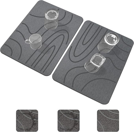 Stone Drying Mat for Kitchen Counter, 2-Pack 16"x12" Fast Drying Stone Dish Mat, Double-Sided Diatomaceous Earth Dish Drying Mat, Highly Absorbent Eco-Friendly Kitchen Mat (Gray, Curved Stripes)