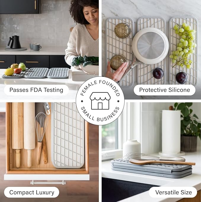 Dorai Home Dish Pad - Collapsable Stone Dish Drying Mat with Diatomaceous Earth for Quick Drying - Ultra Absorbent - Encased in Silicone - Eco-Friendly, Foldable - Original 19.9"x15.2", Ash