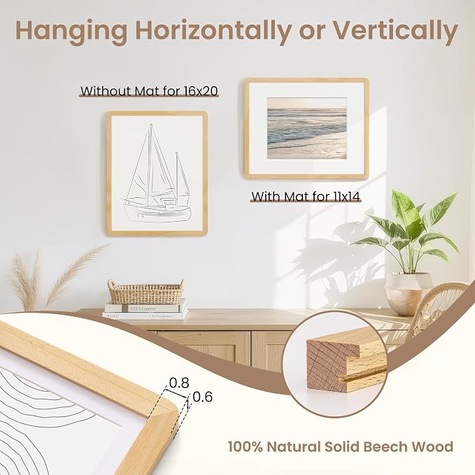 Fun Memories 16x20 Picture Frame - Solid Beech Wood Poster Frame, Handcrafted Rounded Corner 16 x 20 Wooden Frames Matted to 11x14 Photos, Horizontal or Vertical Wall Mounting, Natural Beech