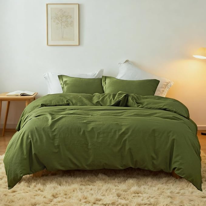 Simple&Opulence French Linen Duvet Cover Set 88" x 92"- 3 Pieces (1 Comforter Cover,2 Pillowcases)- Natural Flax Cotton Blend-Solid Color Breathable Farmhouse Bedding-Forest Green, Queen