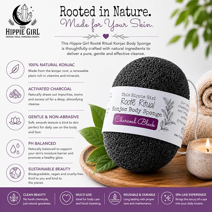 Roote Ritual Konjac Body Sponge – 100% Natural Exfoliating Shower Sponge for Sensitive Skin – Gently Deep Cleanses & Softens, Earth-Friendly, Biodegradable, Vegan – for Women, Men (Charcoal Black)