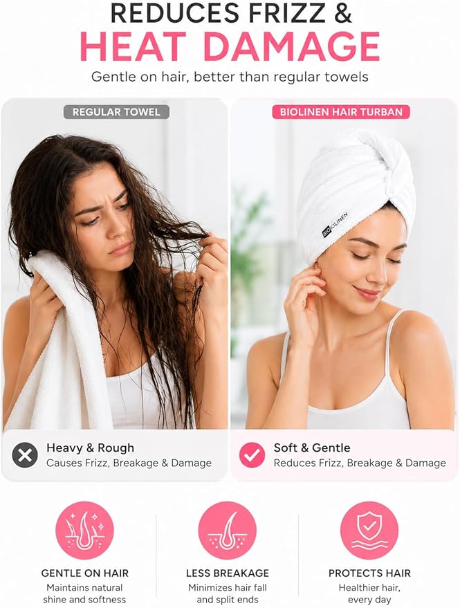 BIOLINEN Cotton Hair Towel Wrap for Women 3 Pack, Super Absorbent Quick Dry Hair Turban, Anti Frizz Drying Towel for Curly Long Hair, White 10x25