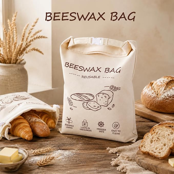 2 Packs Reusable Beeswax Bread Bags 13x17 Inch | Keep Bread Fresh for Days Moisture Lock Linen Food Storage for Homemade Sourdough Bread