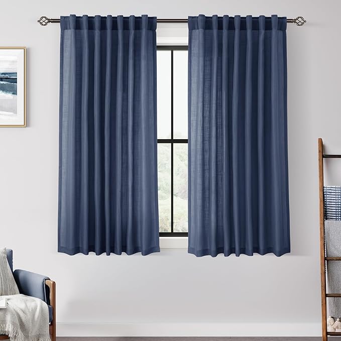Navy Blue Curtains 45 inch Length for Bedroom Back Tab Light Filtering Semi Sheer Blue Living Room Curtains Linen Cotton Textured Indigo Blue Drapery Panel Modern Farmhouse Aesthetic Decor Dark Blue