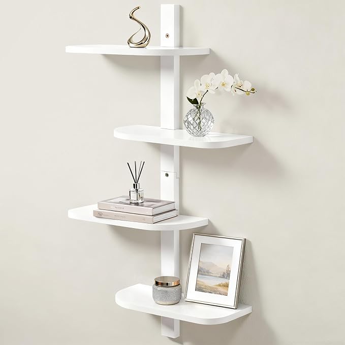 Afuly White Floating Shelves for Wall Display Shelf Unit Modern Decorative Solid Wood Shelving Home Decor Living Room Bedroom Coffee Bar Bathroom Small Space Plant Photo Set of 4