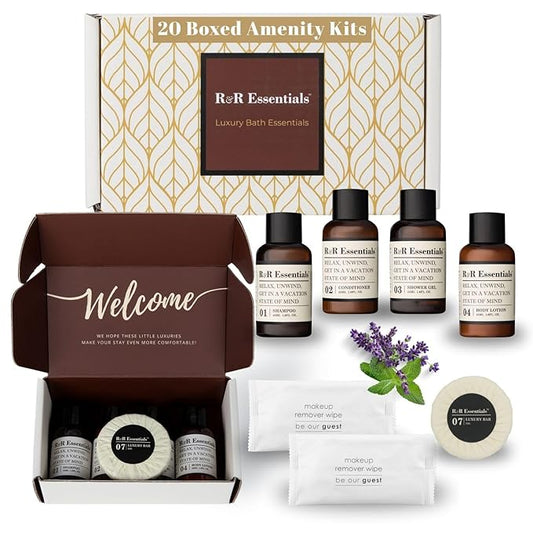 20 Display Ready Boxed Amenity Kits with Premium Hotel Toiletry Essentials - 1.5 oz Shampoo, Conditioner, Shower Gel, Lotion, 1.2 oz Guest Soap & 2 Makeup Remover Wipes - Air bnb & Vacation Rentals