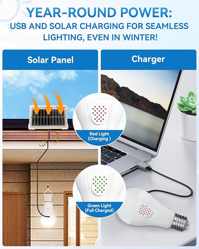 Solar & USB Rechargeable Light Bulbs With Remote + Touch Control, 3 Colors & Dimmable, Large Solar Panel 1800mAh Battery Powered Light Bulb, Battery Light Bulbs Indoor For Home Camping Shed